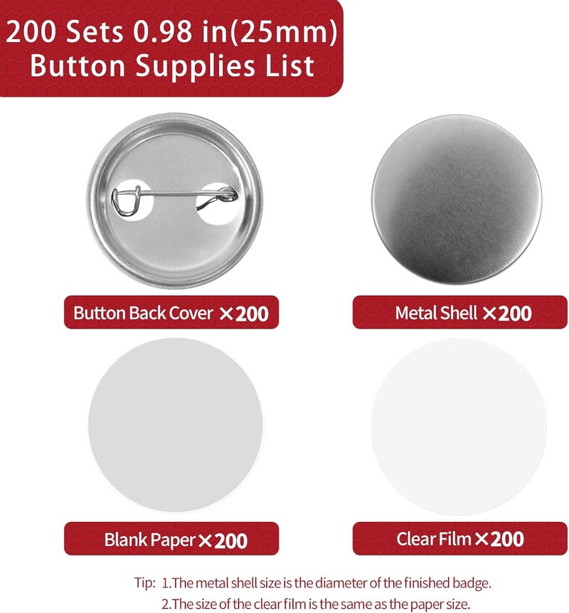 Onemorello 200 Sets Button Maker Supplies, 25mm / 0.98 inch Button Supplies Buttons Parts, (Approx. 1 inch) Metal Blank Badge Parts with Blank Paper for Buttons Maker Machine Pin Maker Press - Image 2